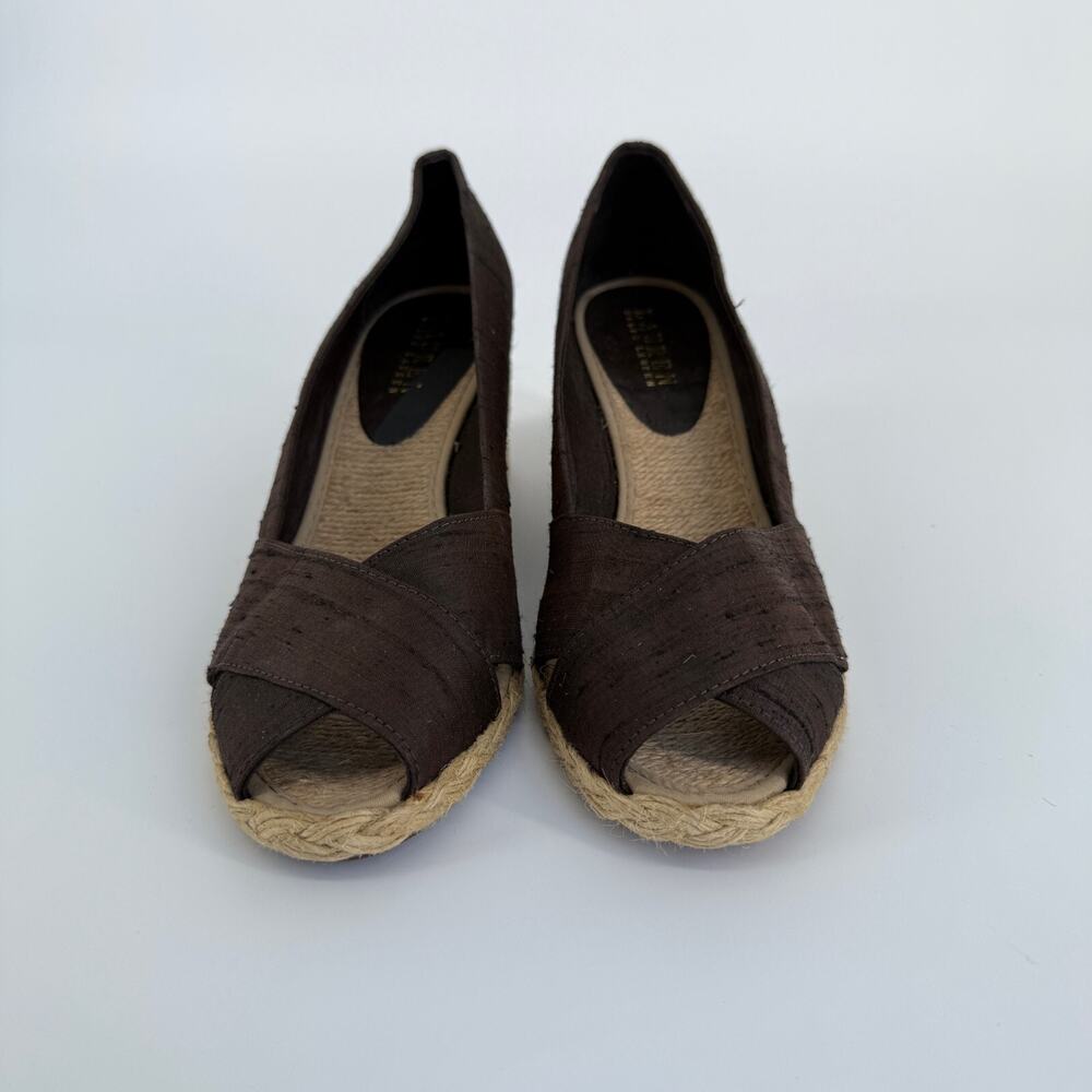 Ralph Lauren Women’s Pumps 7.5 Brown Espadrille Wedge Heel Peep Toe Summer Retro - Picture 5 of 12